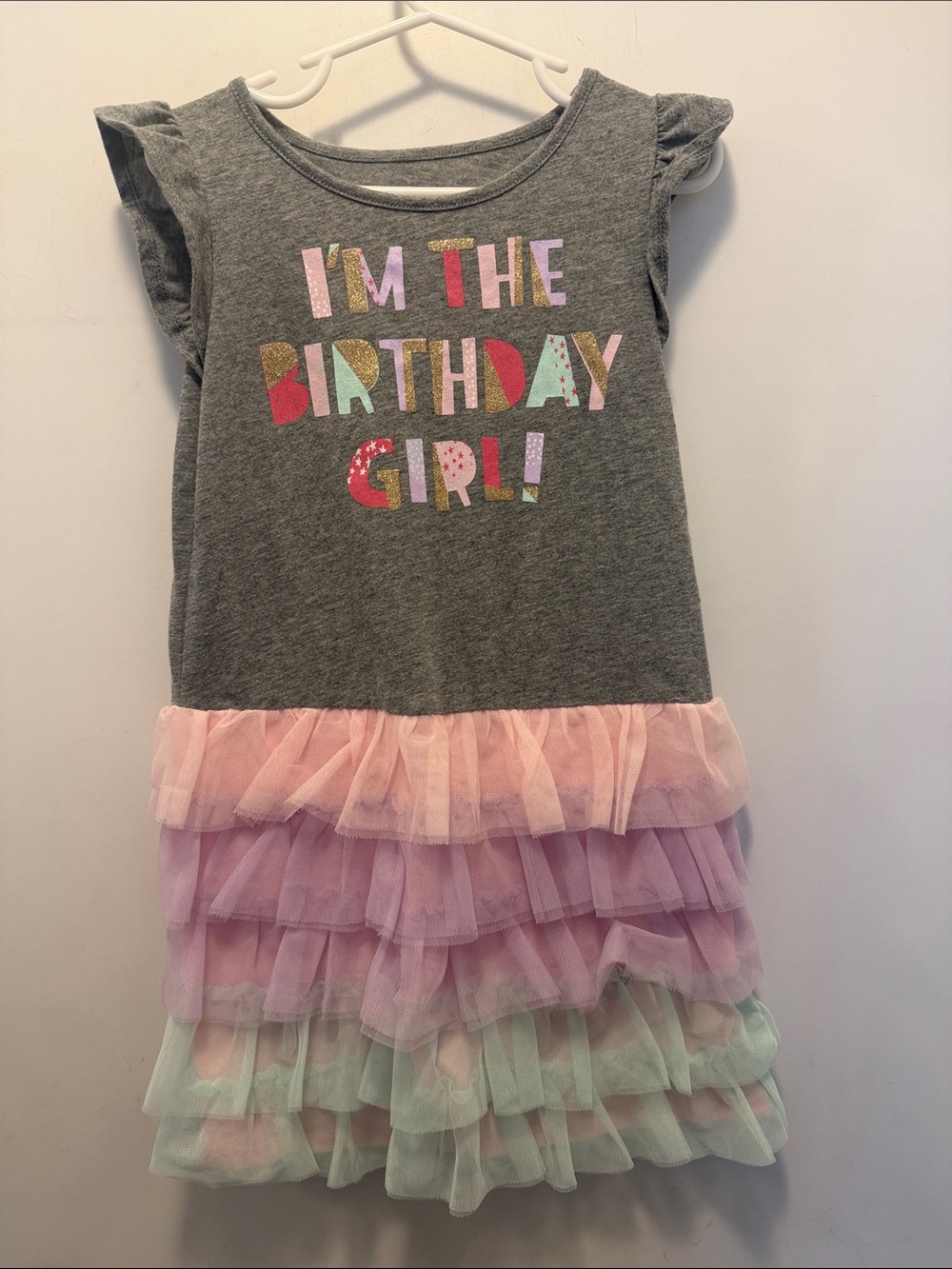 Birthday Girl Tiered Tulle Dress - Gray & Pastel
